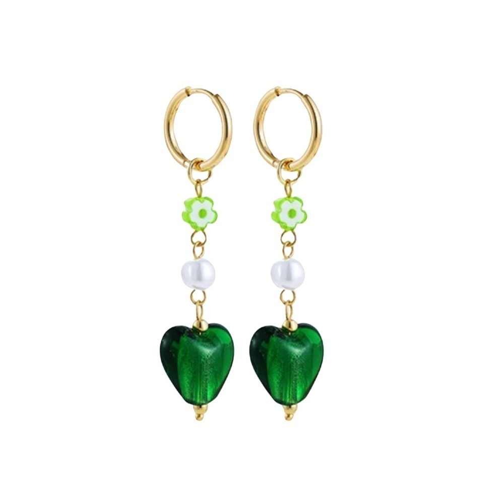 Green Heart Dangle Earrings – 2 Inch Drop with Pearl & Flower Charms – Gold Hoop